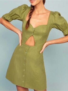 Reformation Olive Green Button-Front Puff Sleeve Mini Dress